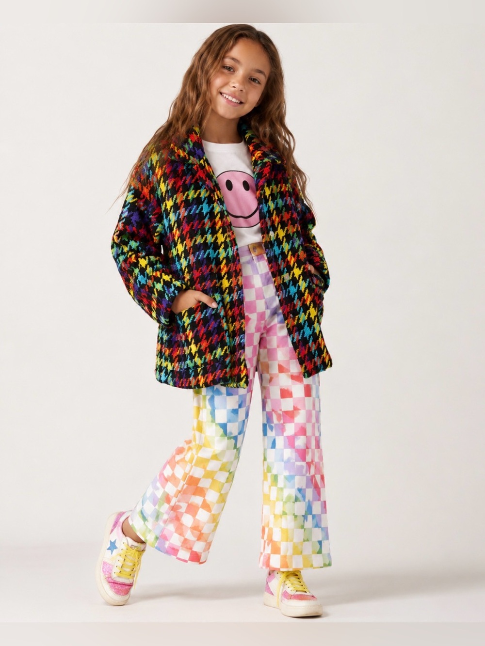 Lola + The Boys Rainbow Houndstooth Oversized Jacket Coat Size 10